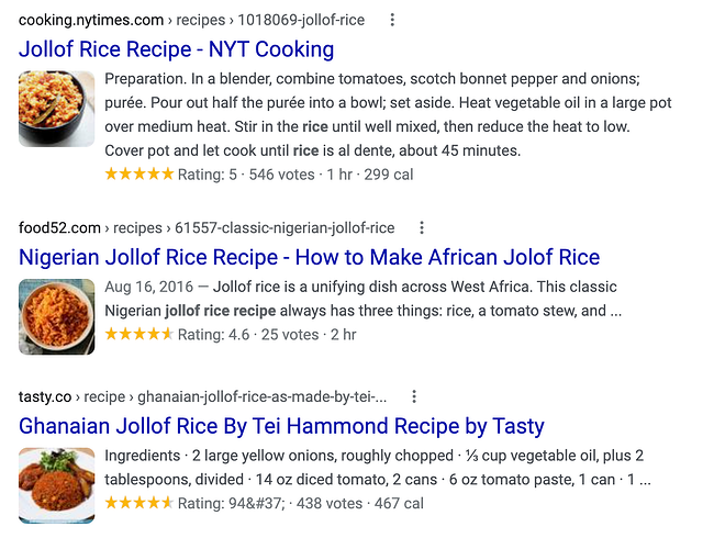 ejemplo de SERP de fragmento enriquecido para la receta de Jollof Rice