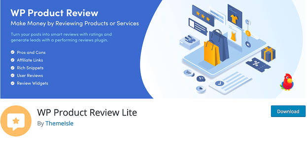 Descargue el complemento WP Product Review Lite con imágenes animadas de compras en azul y amarillo