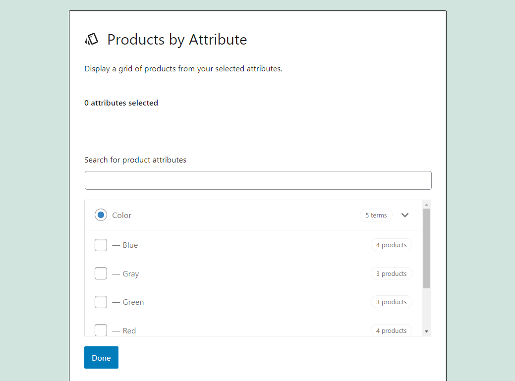 Lista de atributos del producto.