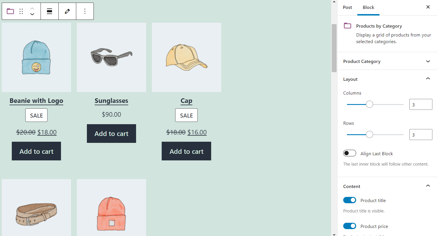 Menú de configuración de bloques en el Editor de bloques.