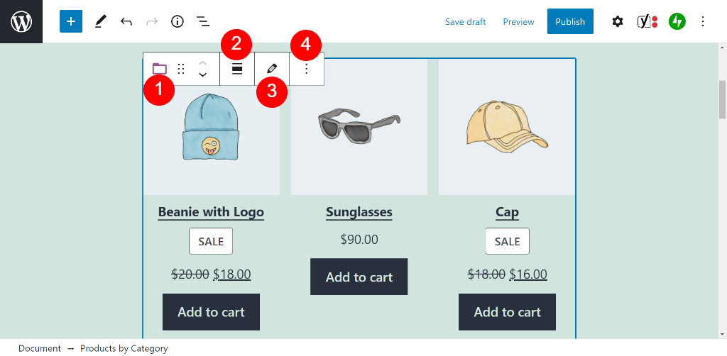 Menú de configuración del bloque Productos por categoría.