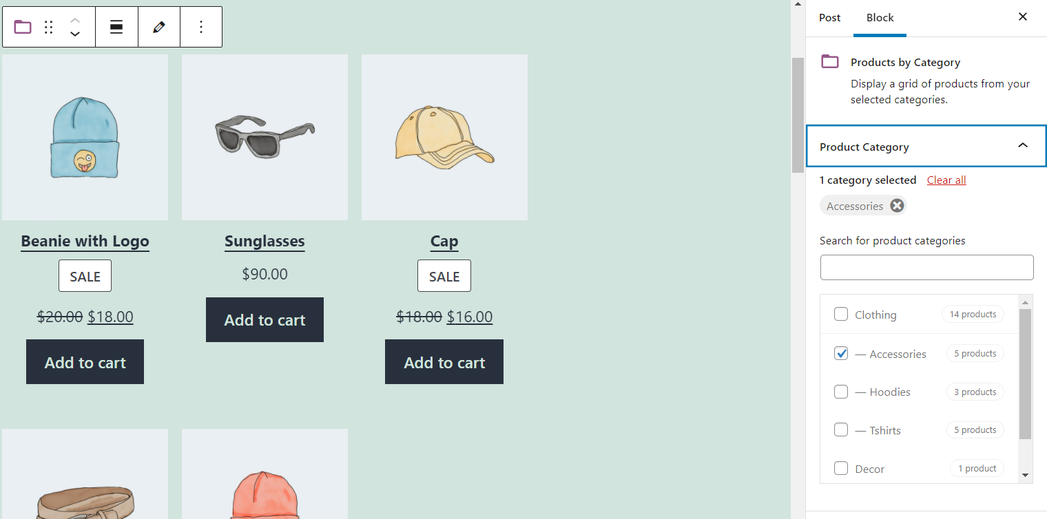 Configuración de categoría de producto para el bloque de productos por categoría de WooCommerce.