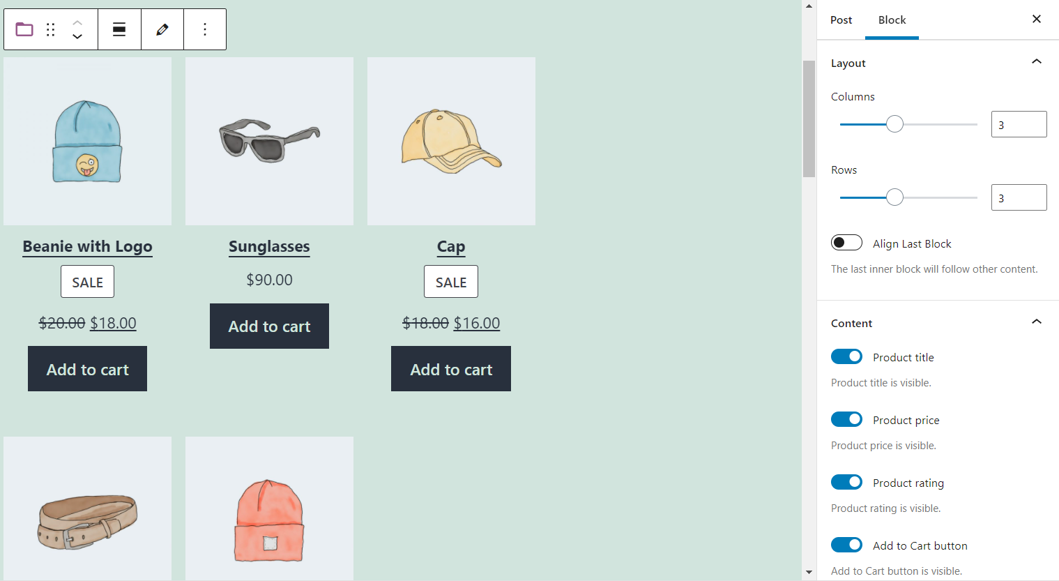Configuración de diseño y contenido para el bloque WooCommerce.