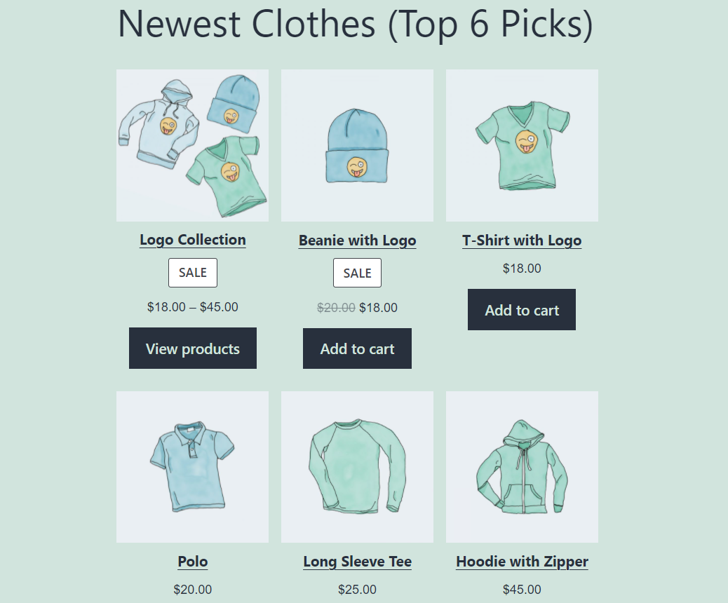 Mostrando los seis productos más nuevos con el bloque Productos por categoría de WooCommerce.