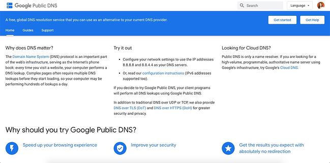página que enumera uno de los mejores servidores DNS DNS públicos de Google