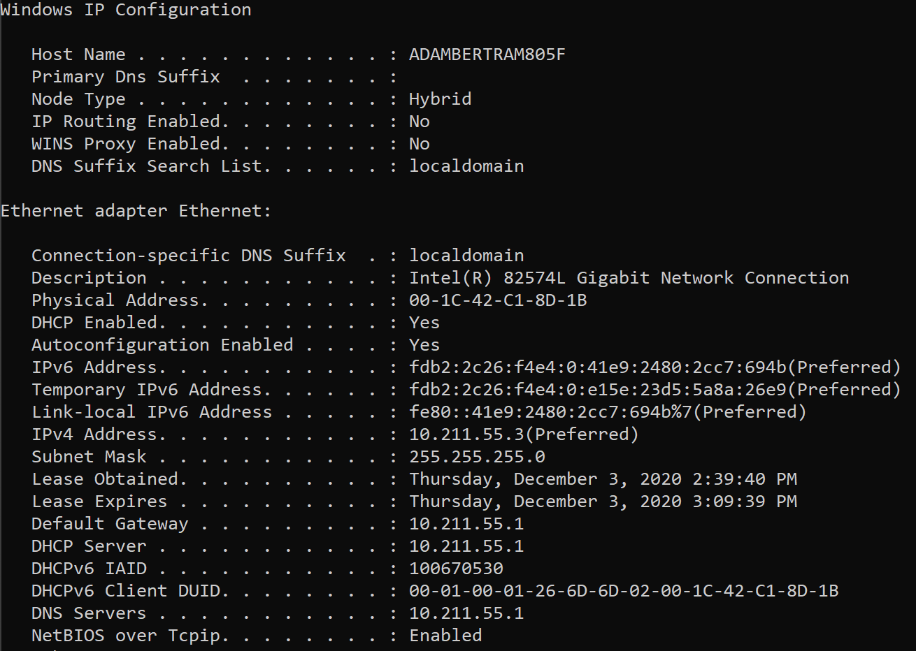 Escriba ipconfig / all en el símbolo del sistema de Windows 10 para verificar los servidores DNS