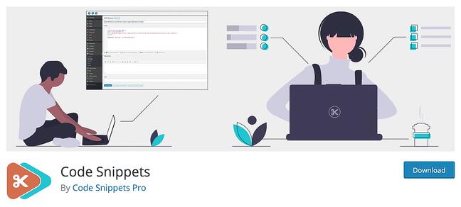 Code Snippets Pro WordPress Plugin descargable que muestra a un hombre y una mujer animados agregando personalización de CSS a su sitio web