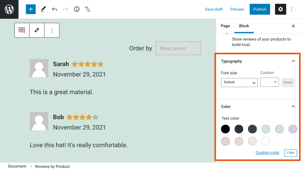 Configuración de tipografía de bloque de WooCommerce.