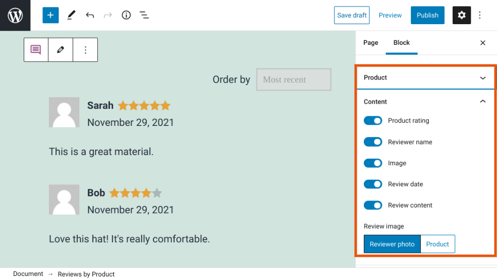 Configuración del producto y bloque de contenido Reseñas del producto WooCommerce.