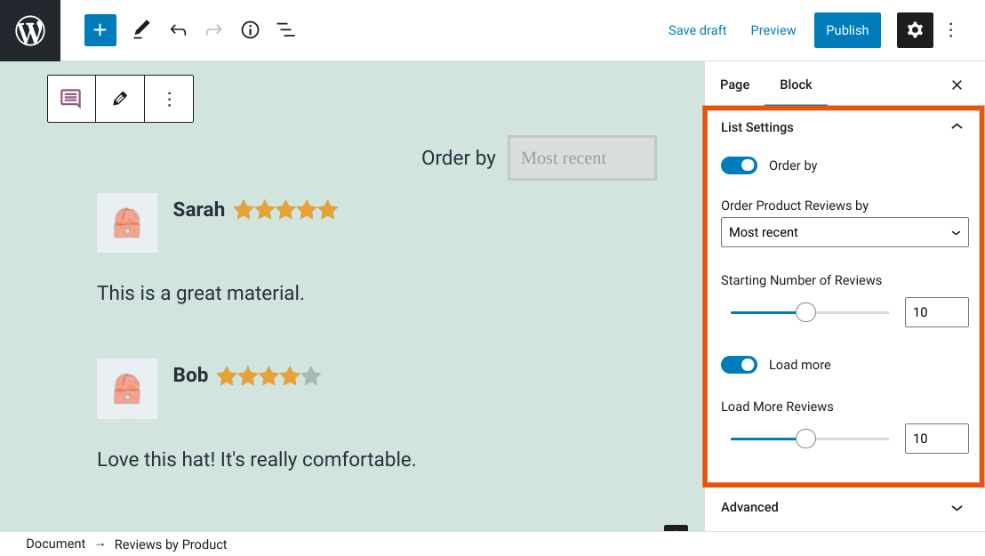 Configuración de la lista de revisión de WooCommerce por bloque de producto.