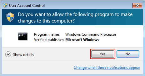 Ventana emergente que solicita permitir que el símbolo del sistema realice cambios en la página para vaciar DNS en Windows 7