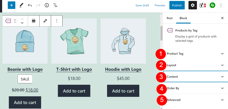 Menú de configuración del bloque Productos por etiquetas.