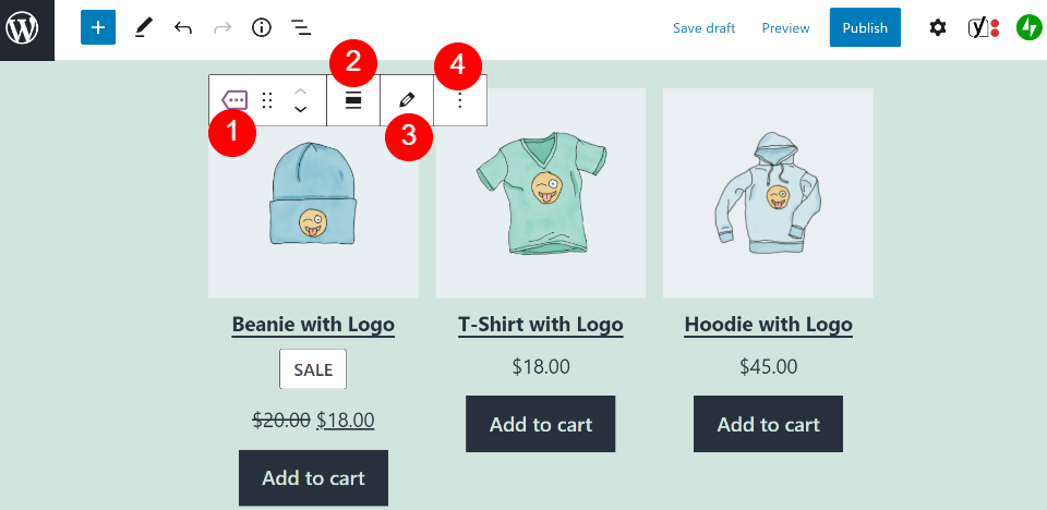 Menú de configuración del bloque Productos por etiquetas. 