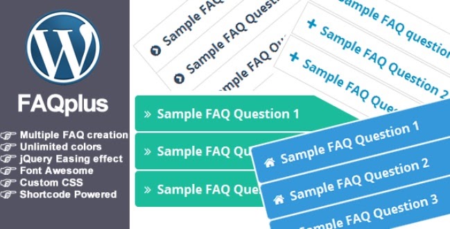 Página de descarga del complemento FAQ Plus con los beneficios del complemento y maquetas coloridas de cómo se ve el complemento