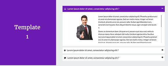 Preguntas frecuentes de ejemplo de enchufe para acordeón con un bloque de color púrpura a la izquierda y preguntas frecuentes para estilo acordeón a la derecha