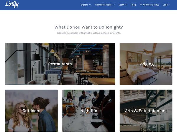 categorías de anuncios clasificados muestra la página de inicio del tema de wordpress listify
