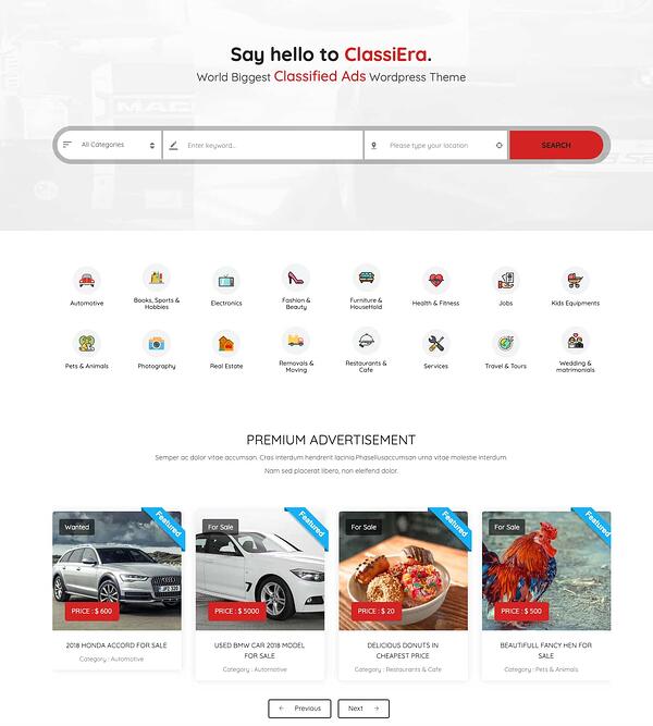 más elegante un módulo de búsqueda de muestra en la página de inicio con anuncios de pie de página e íconos de categoría