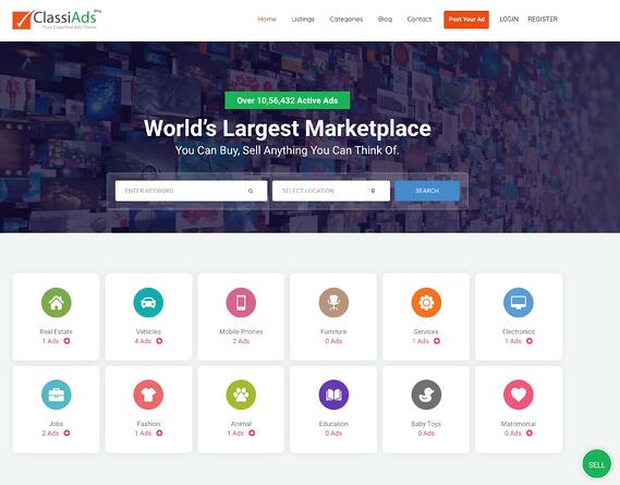 ejemplo de página de inicio de classiads con botones de lista de categorías