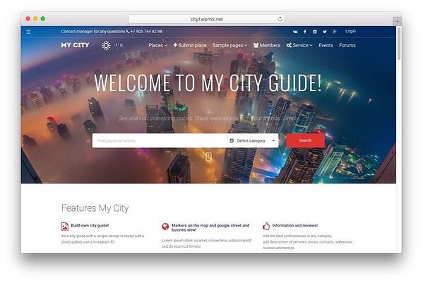 Demostración del tema de inicio clasificado de Mycity con módulo de búsqueda de categorías 