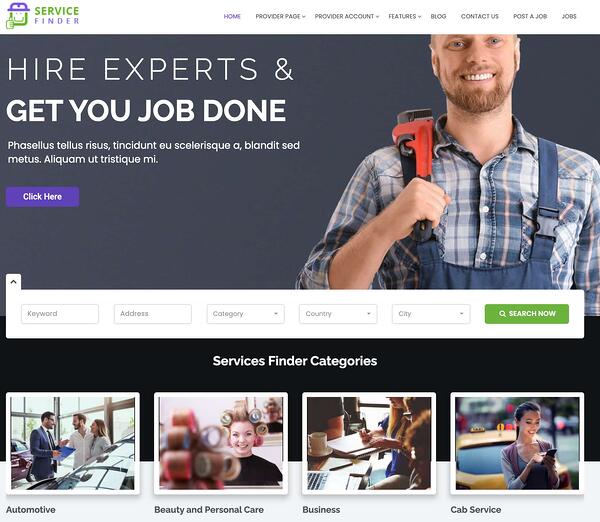 página de inicio del tema wordpress del buscador de servicios de muestra con botón de lista de categorías y módulo de búsqueda