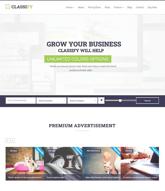 clasifique la página de inicio de demostración con el módulo de búsqueda de ubicación y la lista premium en el pie de página