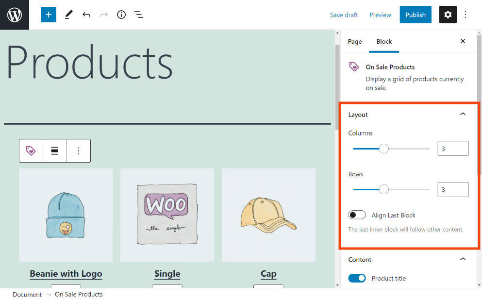 Sección Diseño en la configuración del bloque Productos en oferta.