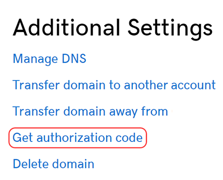 Menú para configuraciones adicionales de GoDaddy para solicitar un código de autorización