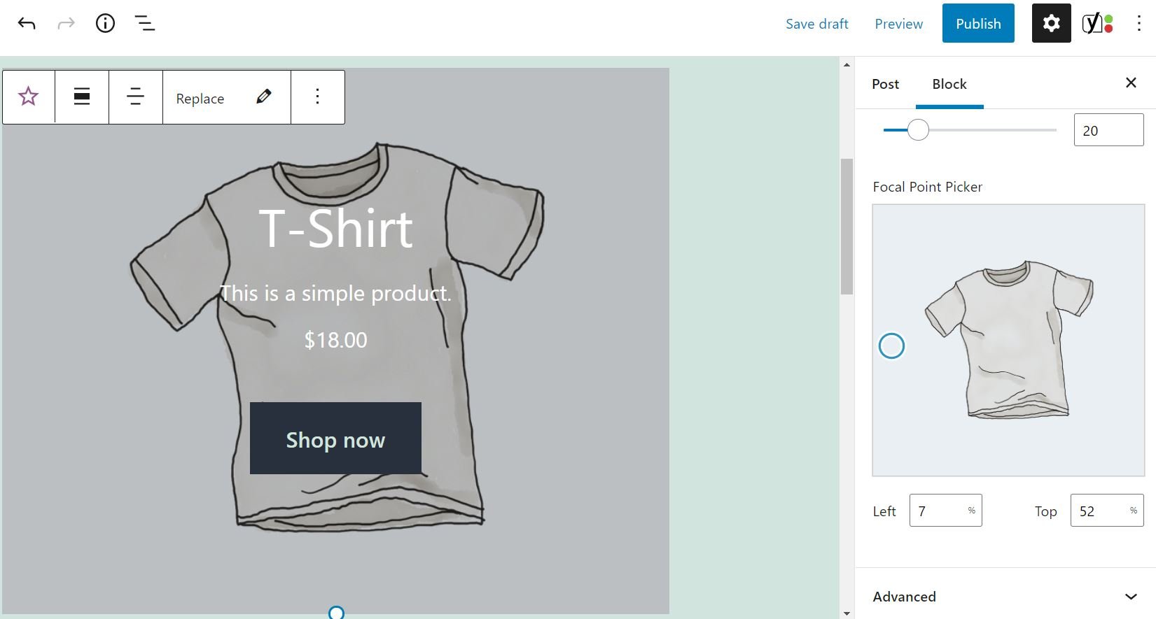 Un selector de punto focal para un bloque de productos destacados