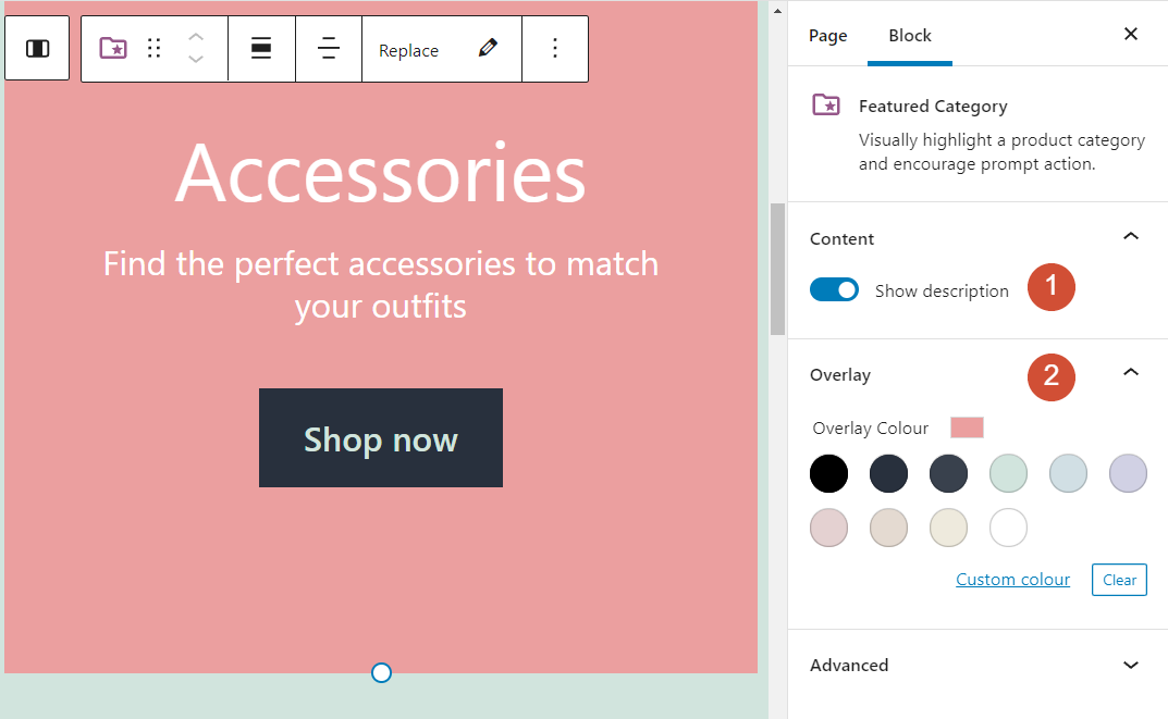 Configurar ajustes de bloque Categoría de WooCommerce recomendada