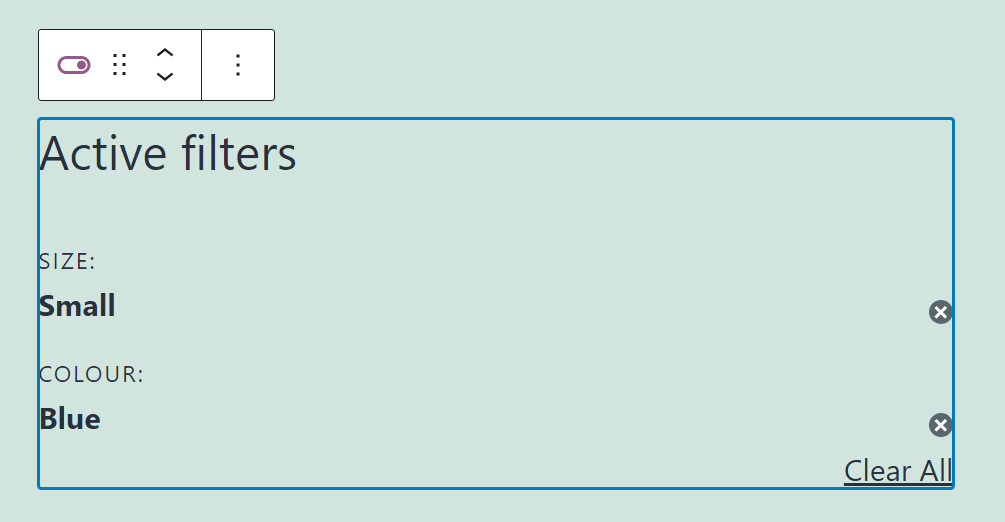 Opciones de formato para el bloque Filtros de productos activos