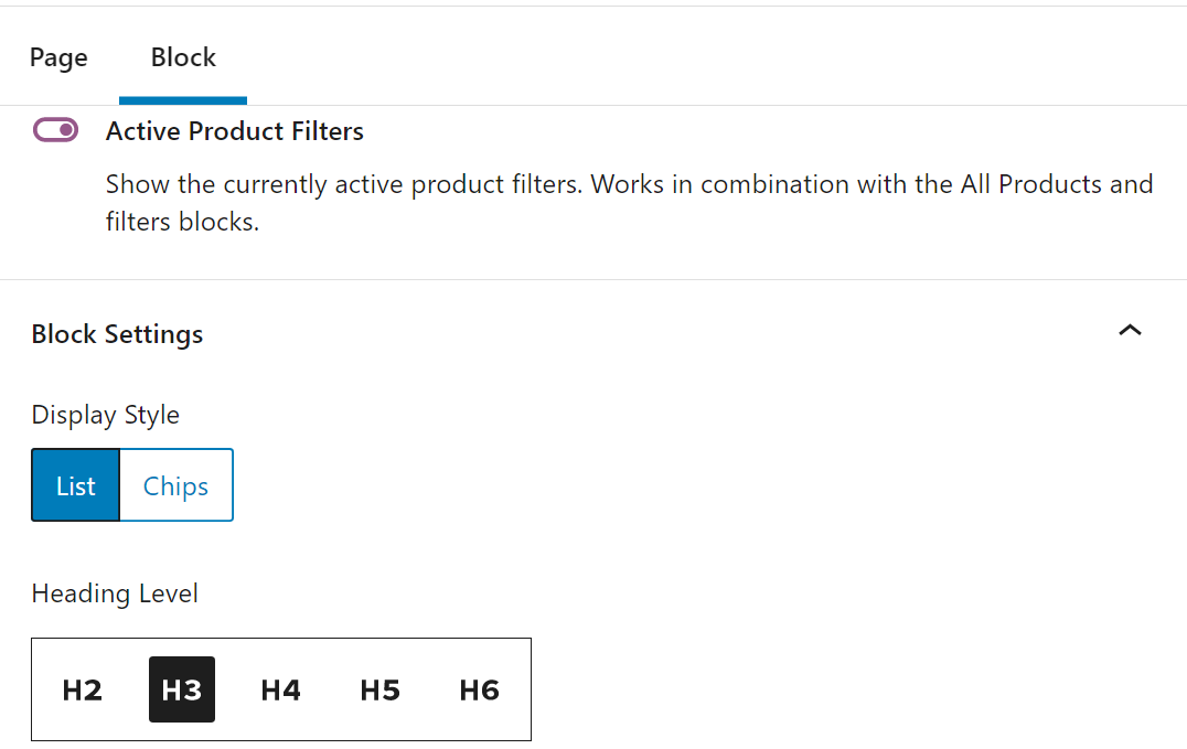 Configuración del bloque de filtros de productos activos