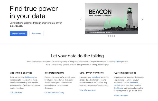 Página de inicio del navegador que muestra opciones de Business Intelligence y análisis para pequeñas empresas
