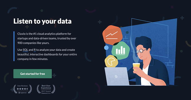 Página de inicio de Cluvio de opciones de Business Intelligence and Analytics para pequeñas empresas