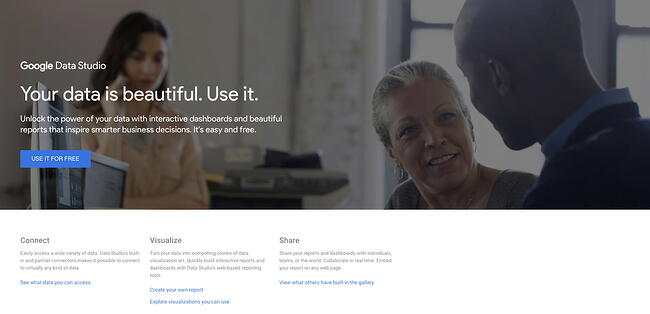 página de inicio de google data studio que muestra opciones de análisis e inteligencia comercial para pequeñas empresas