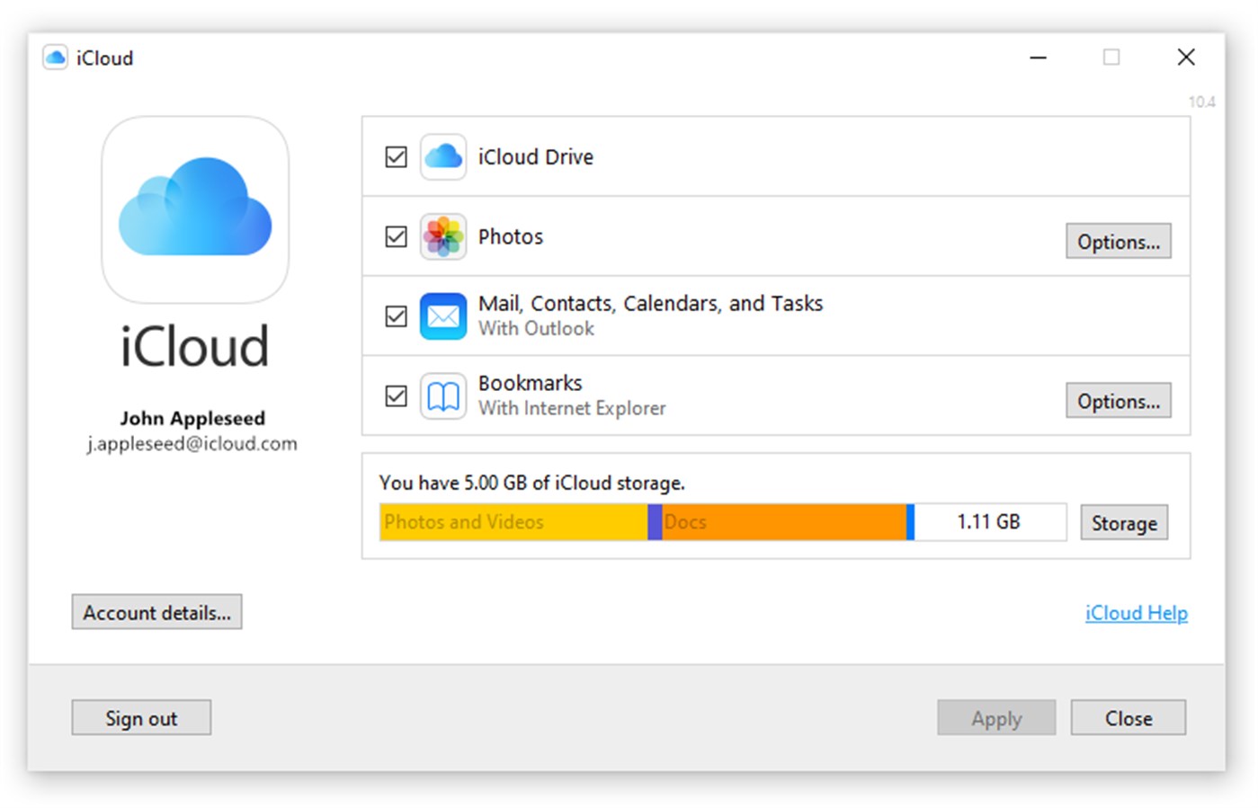 Configuración de la cuenta de iCloud que muestra los contactos de Outlook sincronizados