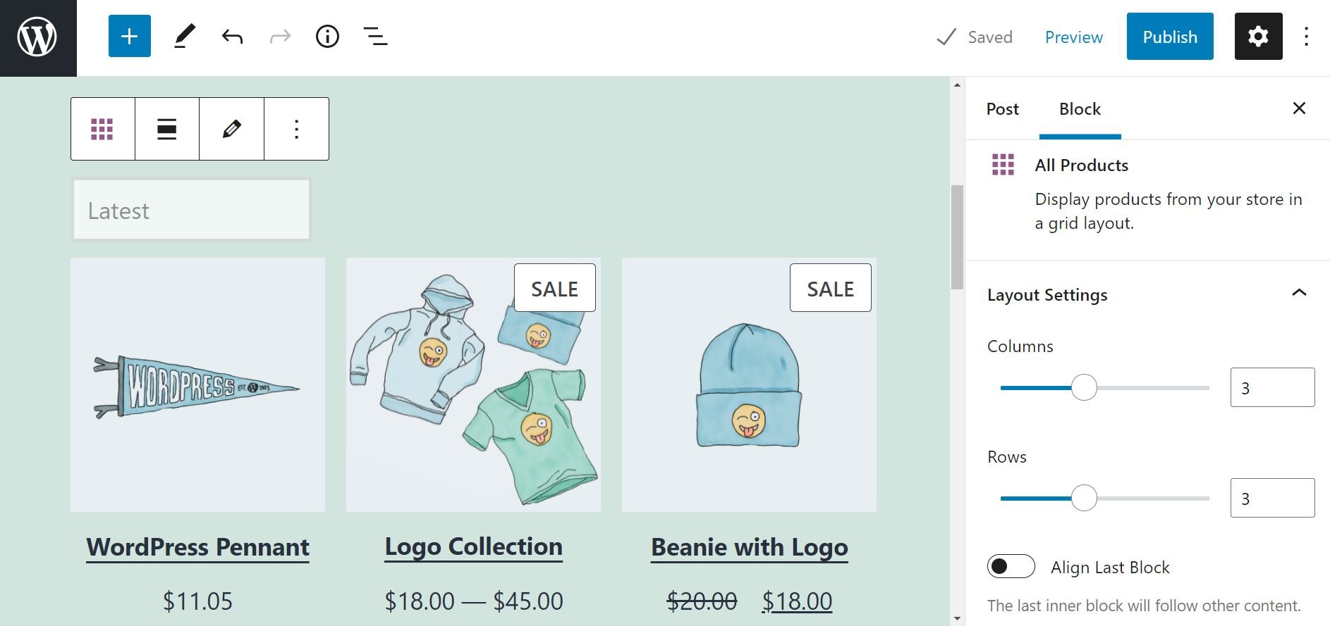 Configuración para el bloque Todos los productos de WooCommerce