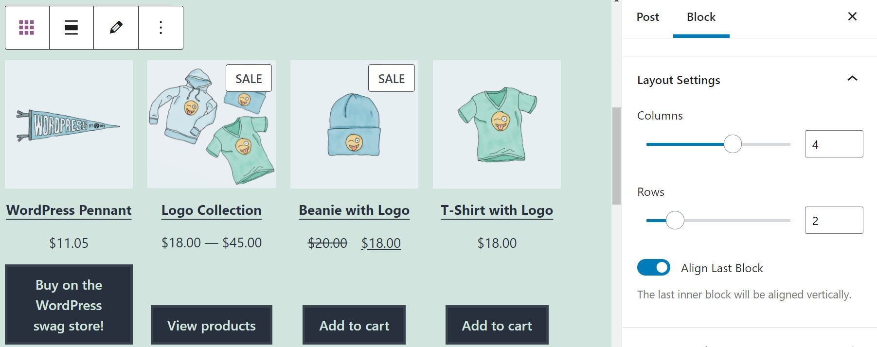 Bloque de todos los productos con la alineación del último bloque habilitada