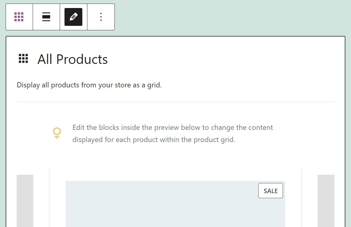 Opción de edición para el bloque Todos los productos