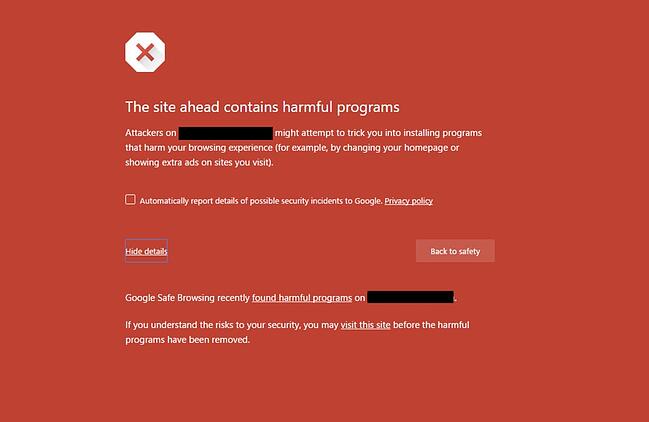 Página de advertencia de Google que explica que el sitio fue incluido en la lista negra debido a programas maliciosos