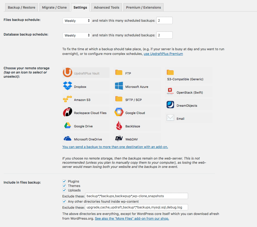 programación automatizada de archivos de wordpress y presentación de la página de copia de seguridad de la selección de la plataforma de almacenamiento de destino