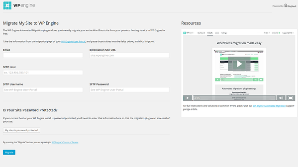 Página de credenciales de WP Engine SFTP para iniciar la migración automática de WordPress