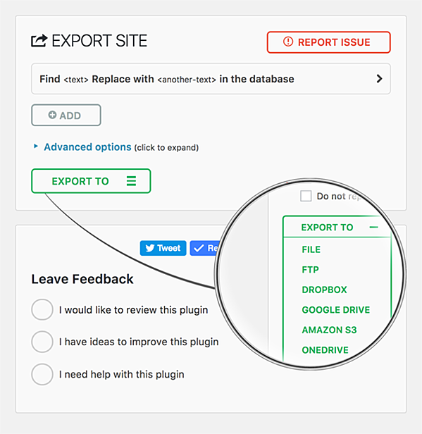 demostración que muestra diferentes tipos de exportación de archivos para la migración del sitio de WordPress