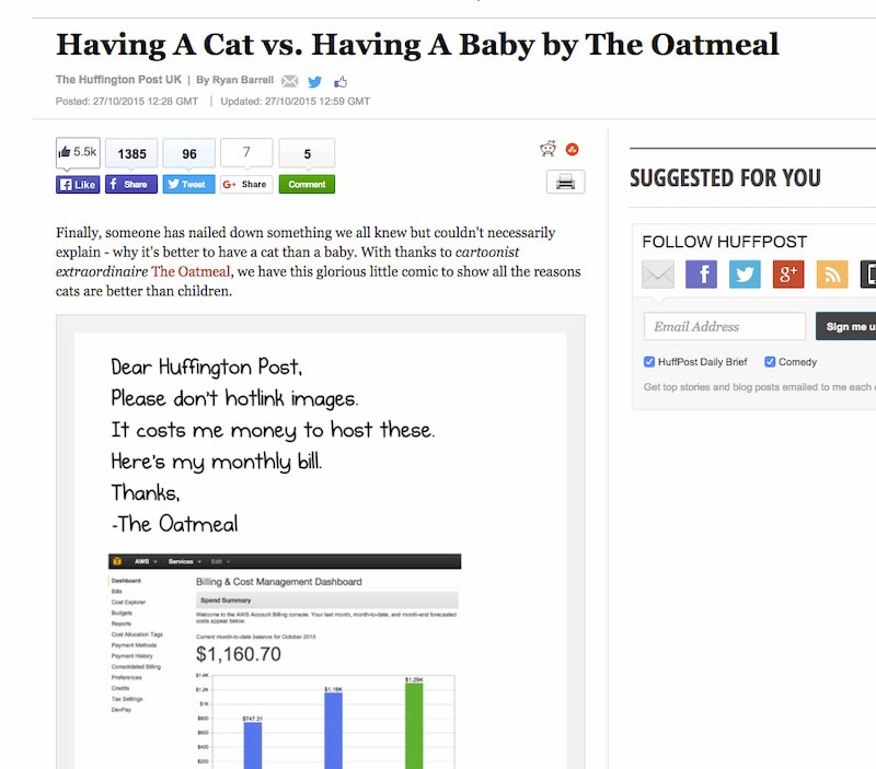 La respuesta del dibujante estadounidense Matthew Inman a un enlace directo a uno de sus cómics a través de HuffPost Reino Unido