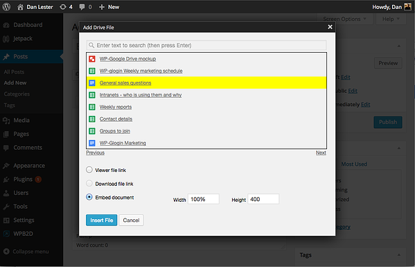 plug-in google drive wordpress visualización de archivos de demostración
