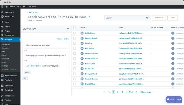 Demostración de la página de seguimiento de clientes potenciales de wordpress hubspot