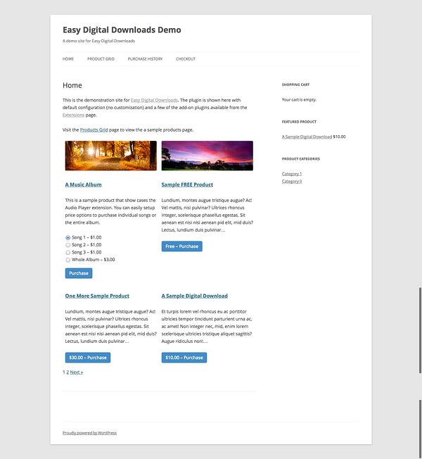 Página de muestra de descarga de archivos digitales de WordPress