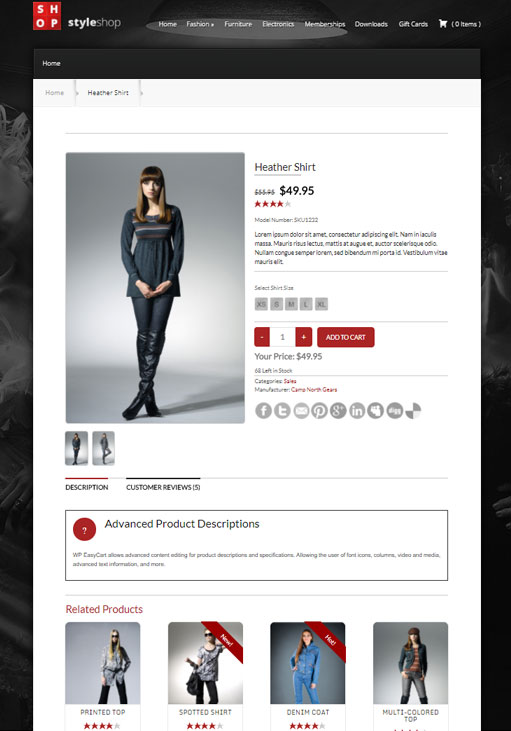 página de demostración del producto para la tienda en línea de wordpress