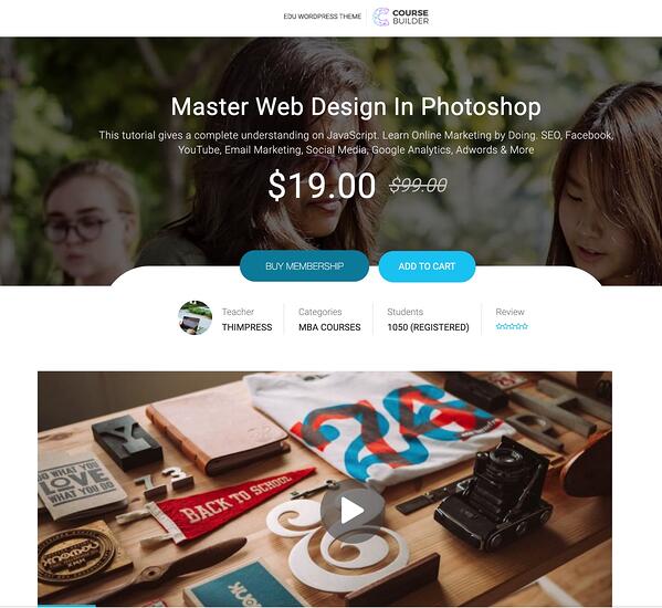 página de muestra para inscribirse como miembro en un curso de wordpress