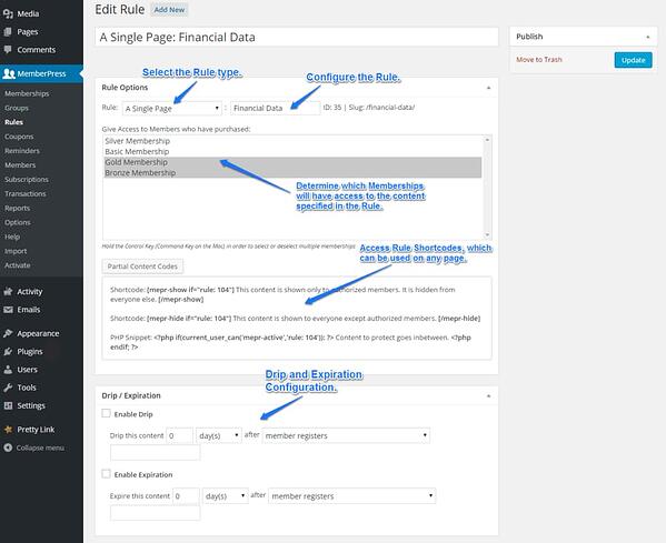 panel de administración de muestra para configurar el nivel de membresía de wordpress 