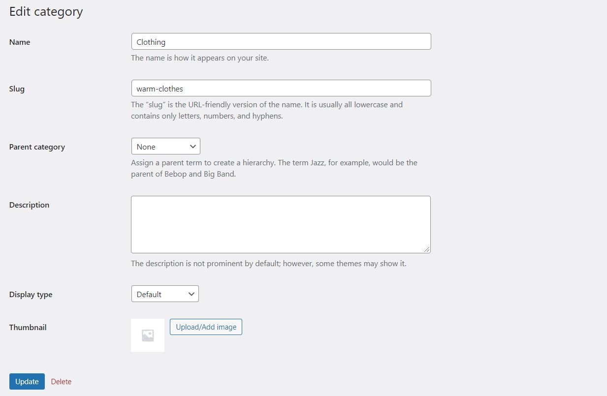 Edición de la categoría WooCommerce